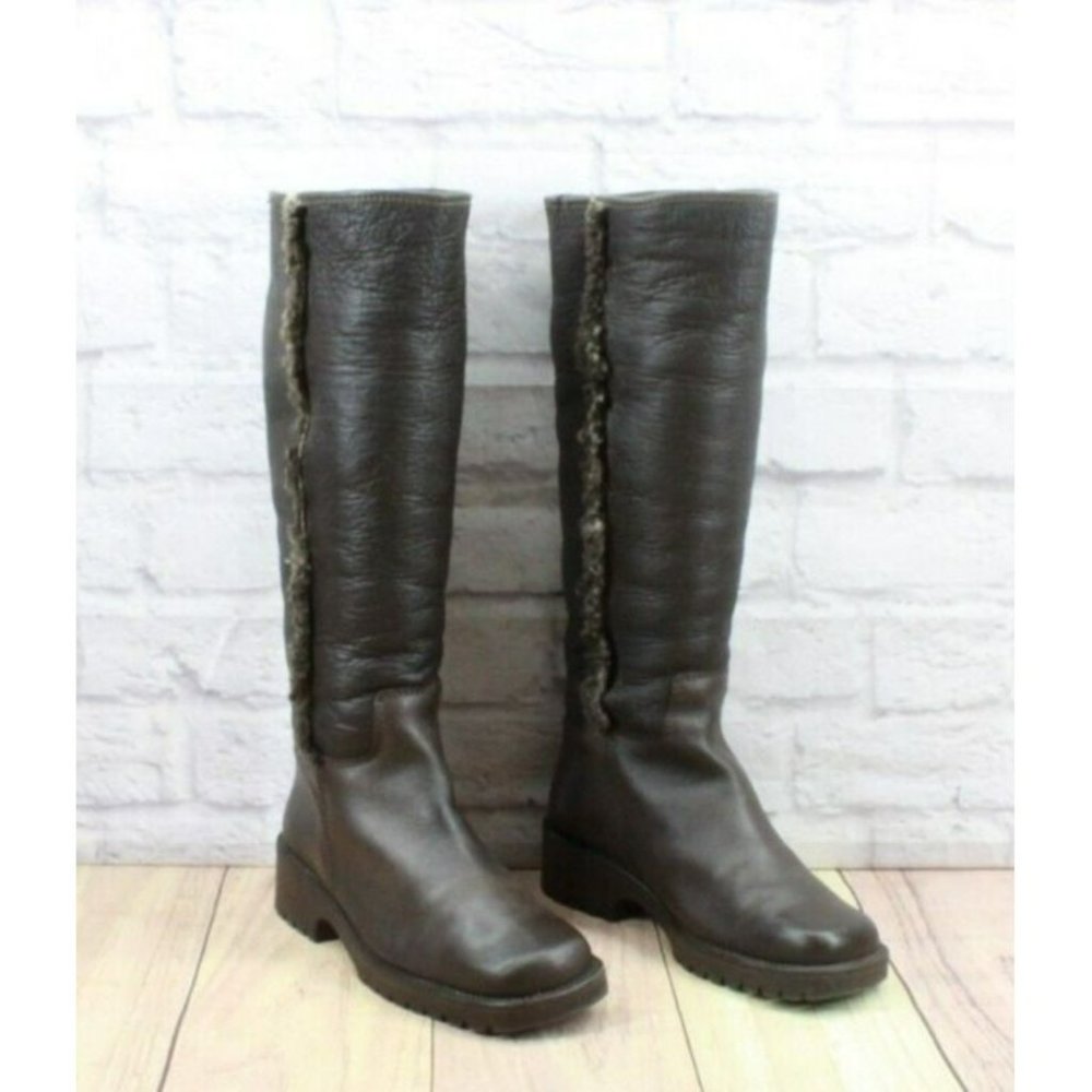 LL Bean Brown Leather Pull On Faux Fur Heeled Tall Boots Size 8 - Picture 3 of 11